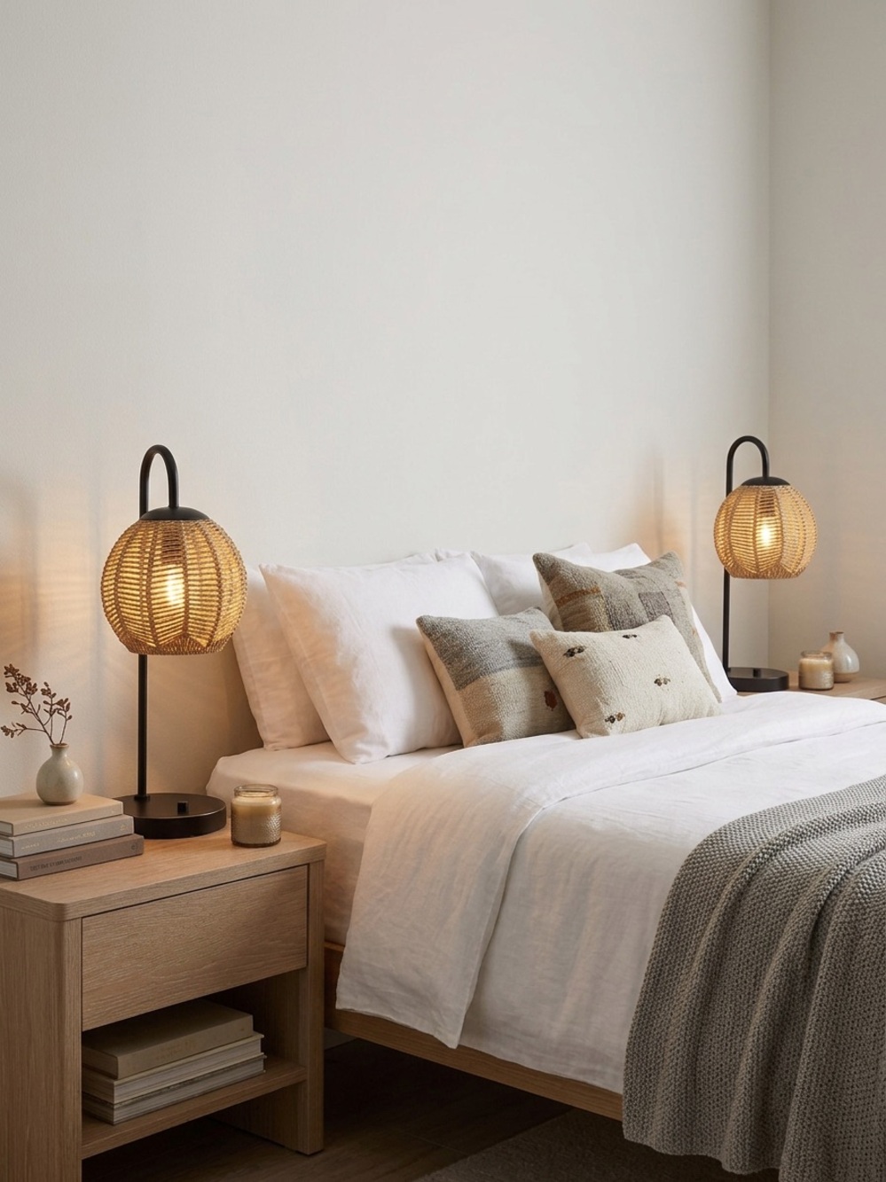 Set of 2 Boho Rattan Table Lamps Built In USB Charging Ports Black Straw Woven